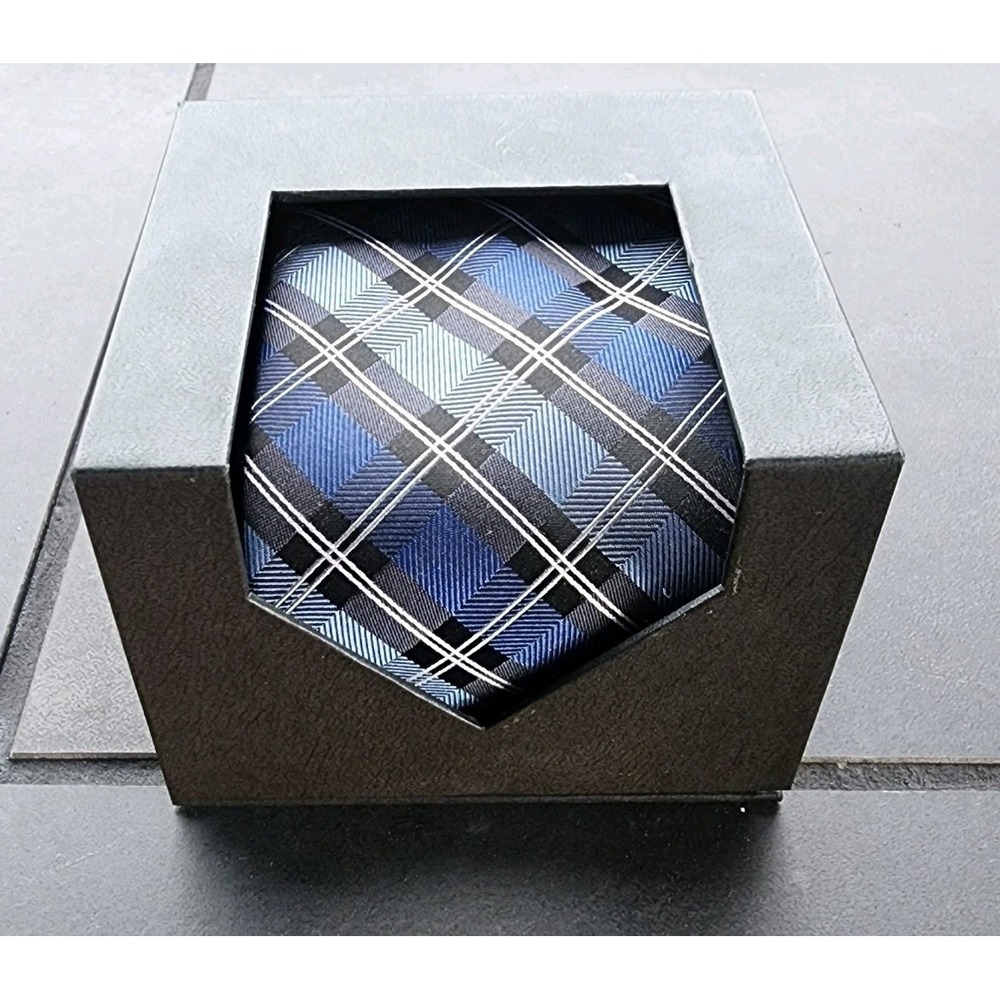 NWT Croft & Barrow Traditional Mens Blue London Grid Stripe Neck Tie Black White